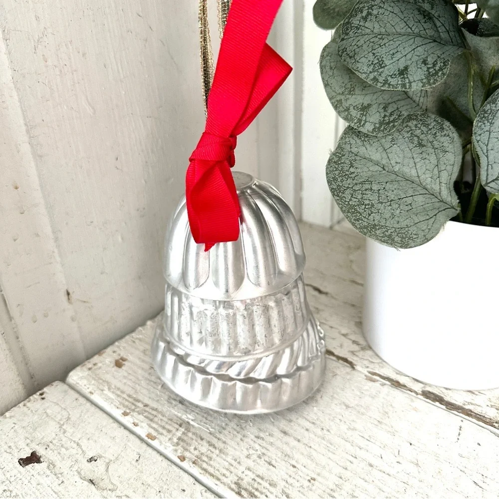 Vintage Jello Mold Silver Christmas Bell Repurposed Holiday Decor Red Ribbon